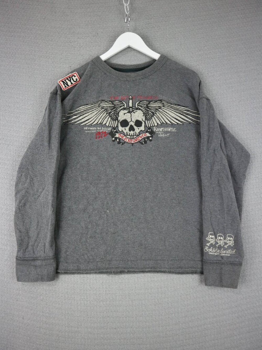 Y2K Ecko Unltd Thermal Shirt Men Waffle Knit Grey Grunge Long Sleeve Skull L